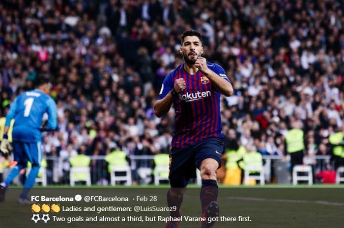 Luis Suarez merayakan gol untuk Barcelona ke gawang Real Madrid pada duel el clasico di Copa del Rey, 27 Februari 2019.