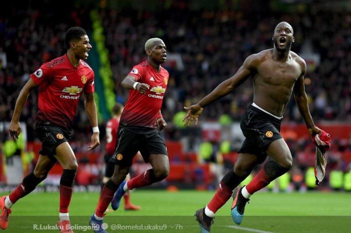 Penyerang Manchester United, Romelu Lukaku, bersama Marcus Rashford dan Paul Pogba, dalam laga pekan ke-29 Liga Inggris melawan Southampton di Stadion Old Trafford, 2 Maret 2019.