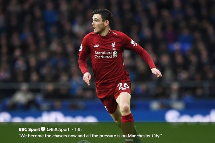 Bek kiri Liverpool, Andy Robertson saat melawan Everton di Goodison Park, Minggu (3/3/2019).