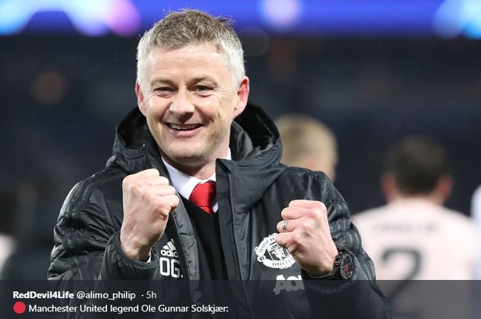 Pelatih interim Manchester United, Ole Gunnar Solskjaer merayakan kelolosan timnya ke perempat final Liga Champions
