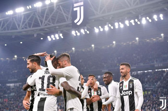 Para pemain Juventus merayakan gol lesakan Moise Kean dalam giornata ke-27 Liga Italia versus Udinese di Stadion Allianz Turin, 8 Maret 2019.