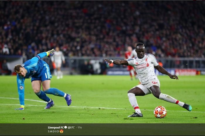 Penyerang Liverpool, Sadio Mane, menjebol gawang Bayern Muenchen dalam leg kedua babak 16 besar Liga Champions di Allianz Arena, Rabu (13/3/2019).