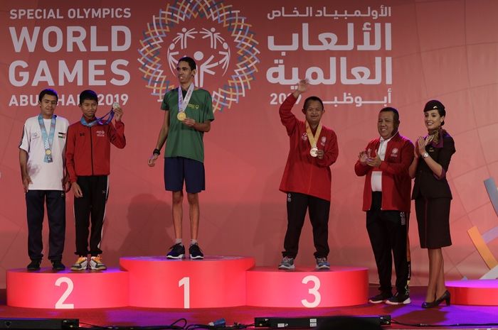 Muhammad Febredy Andrieyanto menyumbang medali perunggu di cabang bocce Special Olympics World Games 2019, di Abu Dhabi, Minggu (17/3/2019)