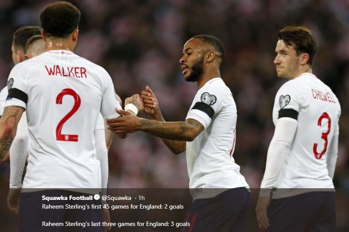 Penyerang sayap Inggris, Raheem Sterling merayakan gol bersama rekan-rekan usai mencetak gol ketiganya ke gawang Republik Ceska