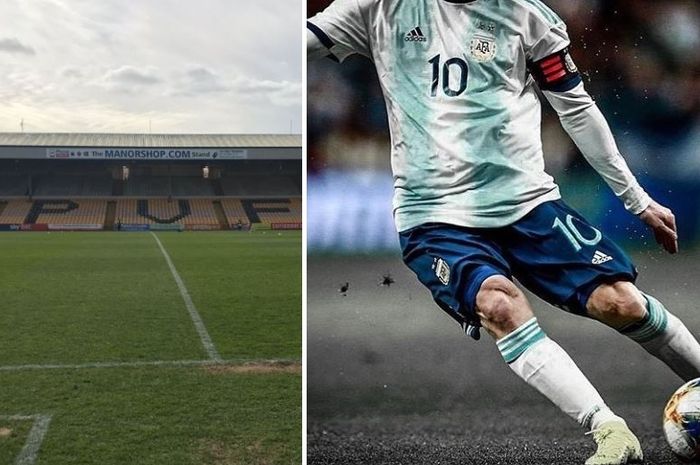 Stadion Port Vale dan ilustrasi kaki kidal Lionel Messi.