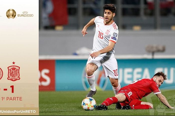 Penyerang timnas Spanyol, Marco Asensio, beraksi dalam laga Grup F Kualifikasi Piala Eropa 2020 melawan timnas Malta di Stadion National, Selasa (26/3/2019).