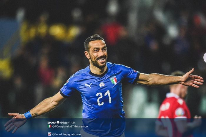 Penyerang timnas Italia, Fabio Quagliarella, merayakan gol yang dicetak ke gawang timnas Liechtenstein di Stadion Ennio Tardini, Selasa (26/3/2019).