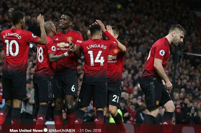Skuat Manchester United merayakan kemenangan atas Bournemouth pada bulan Desember 2018 lalu.