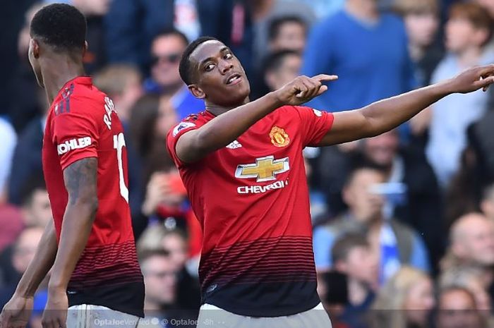 Duo penyerang Manchester United, Anthony Martial dan Marcus Rashford, merayakan gol dalam gameweek ke-32 Liga Inggris versus Watford di Stadion Old Trafford, 30 Maret 2019.