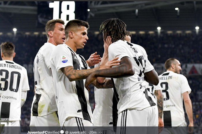 Pemain Juventus merayakan gol Moise Kean yang membawa mereka menang 1-0 atas Empoli di Liga Italia, Sabtu (30/3/2019).