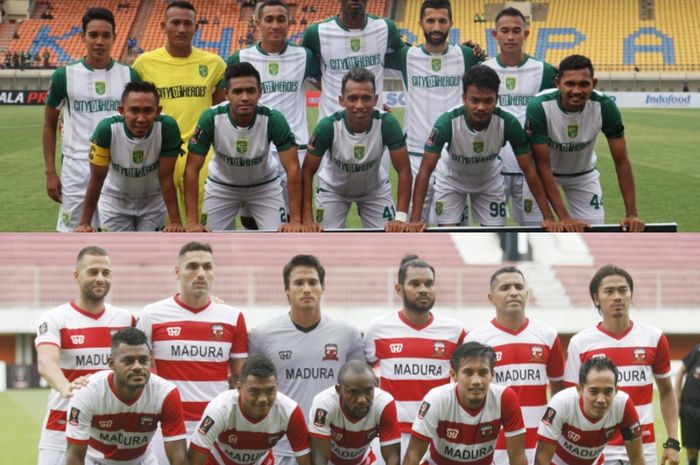 Skuat Persebaya Surabaya (atas) dan skuat Madura United (bawah) yang akan berduel di Piala Indonesia 2018.