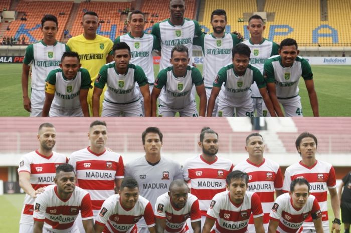 Kolase foto skuat Persebaya Surabaya dan Madura United yang saling berduel di semifinal Piala Presiden 2019.