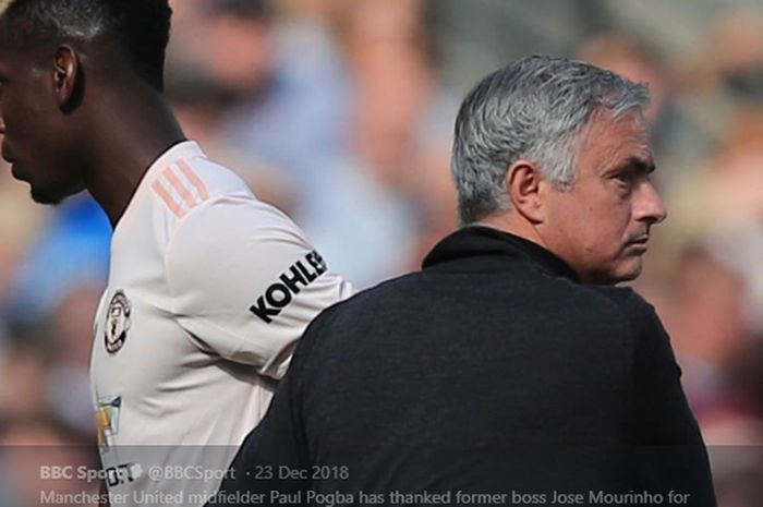 Pelatih Jose Mourinho (kanan) dan Paul Pogba (kiri) semasa membela Manchester United.