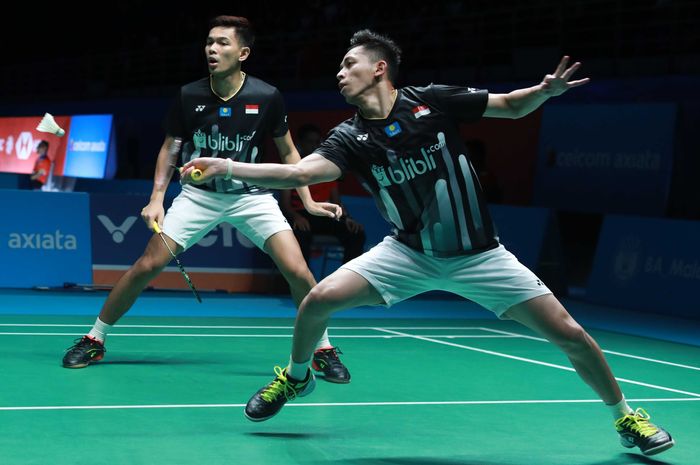 Pasangan ganda putra Indonesia, Fajar Alfian/Muhammad Rian Ardianto, tampil pada babak kedua Malaysia Open 2019 di Axiata Arena, Bukit Jalil, Kuala Lumpur, Kamis (4/4/2019).