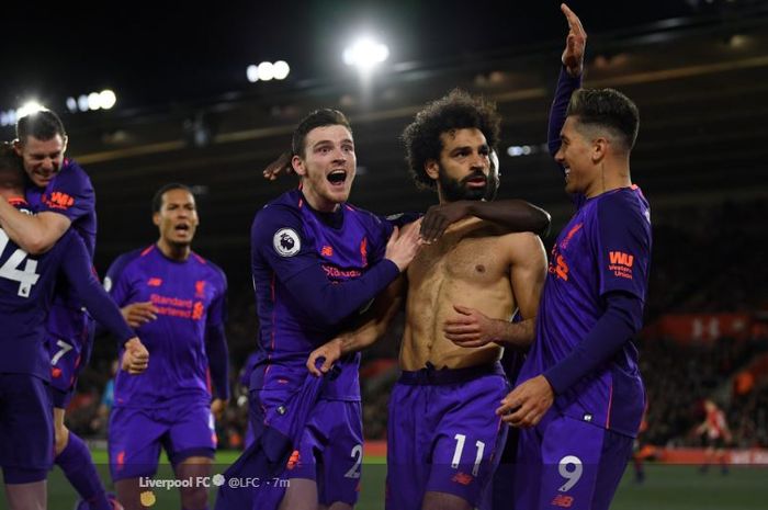 Winger Liverpool Mohamed Salah, merayakan gol dalam laga pekan ke-33 Liga Inggris kontra Southampton di St Mary's Stadium, Sabtu (6/4/2019) dini hari WIB.