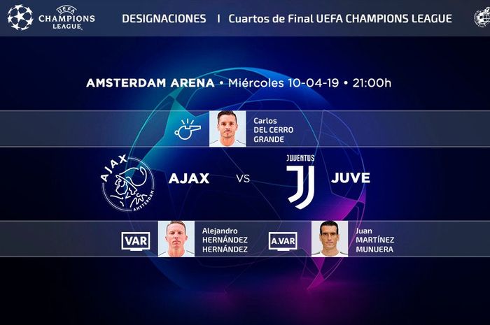 Wasit Carlos del Cerro Grande memimpin duel leg pertama perempat final Liga Champions Ajax Amsterdam vs Juventus, 10 April 2019.
