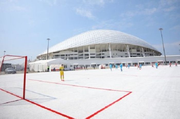 Lapangan sepak bola di Sochi, Rusia yang terbuat dari daur ulang sampah cangkir bir Budweiser.