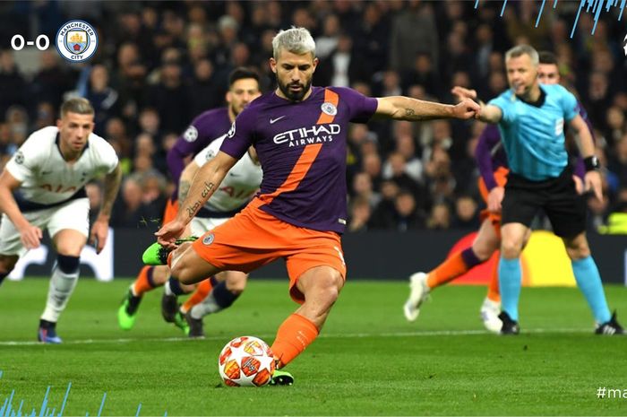 Penyerang Manchester City, Sergio Aguero, gagal mengeksekusi tendangan penalti dalam laga leg I babak perempat final Liga Champions kontra Tottenham Hotspur di Tottenham Hotspur Stadium, 9 April 2019.