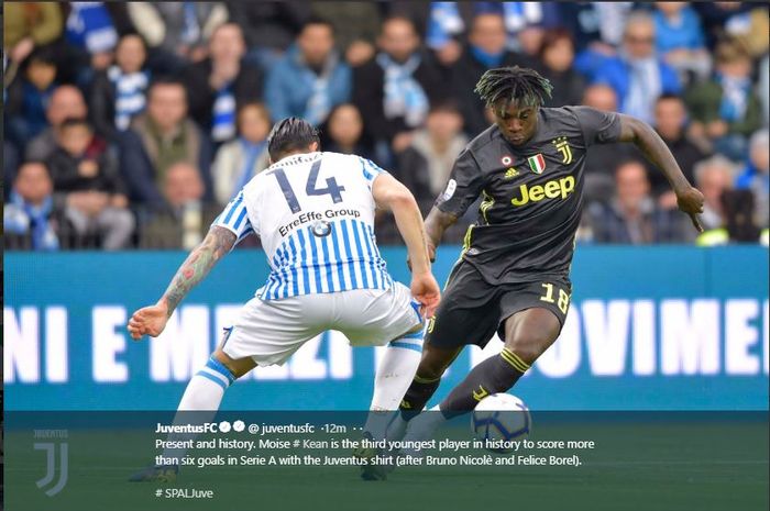 Penyerang muda Juventus, Moise Kean, mencetak satu gol ke gawang SPAL pada laga lanjutan Liga Italia, Sabtu (13/4/2019).