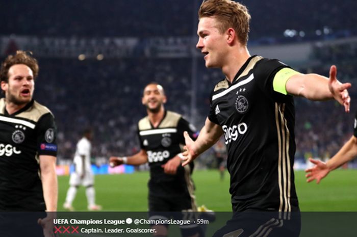 Selebrasi kapten Ajax Amsterdam, Matthijs De Ligt, saat mencetak gol kemenangan timnya ke gawang Juventus pada pertandingan leg kedua babak perempat final Liga Champions di Stadion Allianz Turin, 16 April 2019.