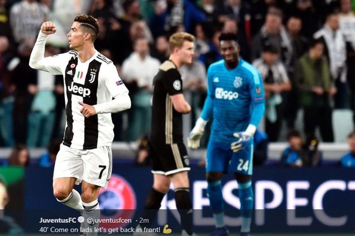 Megabintang Juventus, Cristiano Ronaldo, merayakan gol yang dicetak ke gawang Ajax Amsterdam dalam laga leg kedua perempat final Liga Champions di Stadion Allianz, Turin, Selasa (16/4/2019).