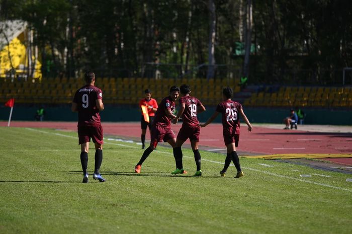 Selebrasi pemain PSM Makassar seusai mencetak gol ke gawang Kaya FC pada laga lanjutan Piala AFC 2018, 17 April 2019. 