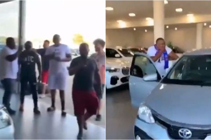 Seorang pria terkejut dibelikan mobil oleh teman-temannya. 