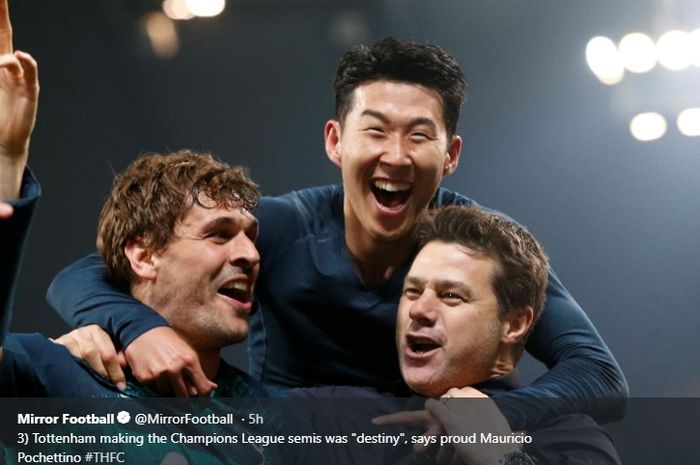 Mauricio Pochettino bersama Son Heung-min dan Fernando Llorente merayakan kesuksesan Tottenham Hotspur usai lolos ke semifinal Liga Champions