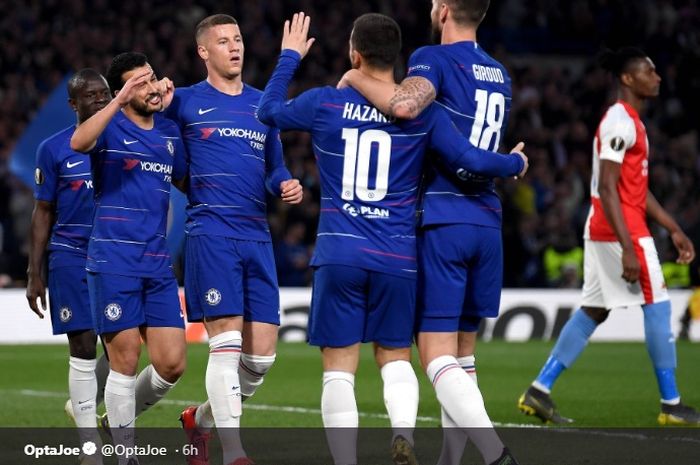 Para pemain Chelsea merayakan gol yang dicetak oleh Olivier Giroud ke gawang Slavia Praha pada pertemuan kedua perempat final Liga Europa