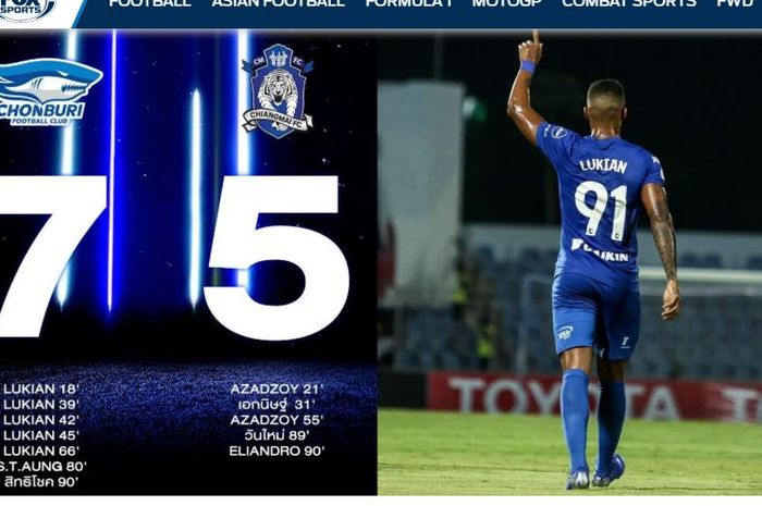 Chonburi FC mengalahkan Chiangmai FC dengan skor 7-5 dalam lanjutan Liga Thailand, 21 April 2019.