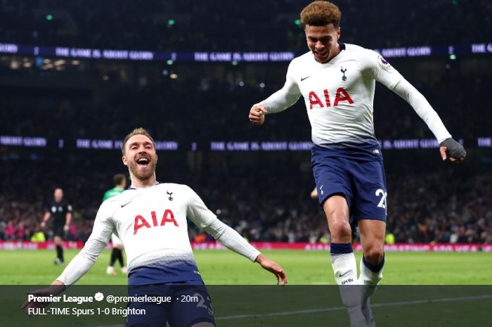 Selebrasi Christian Eriksen usai cetak gol ke gawang Brighton &amp; Hove Albion pada lanjutan laga Liga Inggris, Selasa (23/4/2019)