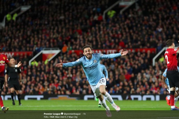 Penyerang Manchester City, Bernardo Silva, merayakan gol yang dicetak ke gawang Manchester United dalam laga Liga Inggris di Stadion Old Trafford, Rabu (24/4/2019).
