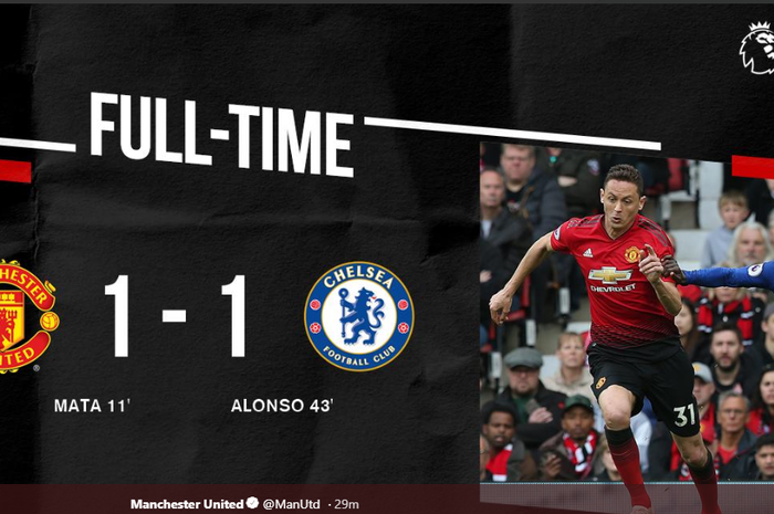 Laga Manchester United vs Chelsea pada pekan ke-36 Liga Inggris, Minggu (28/4/2019) di Old Trafford, berakhir imbang 1-1.