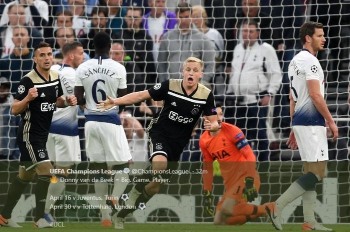Gelandang Ajax Amsterdam, Donny van de Beek merayakan gol dalam laga leg pertama semifinal Liga Champions kontra Tottenham Hotspur di Tottenham Hotspur Stadium, 30 April 2019.