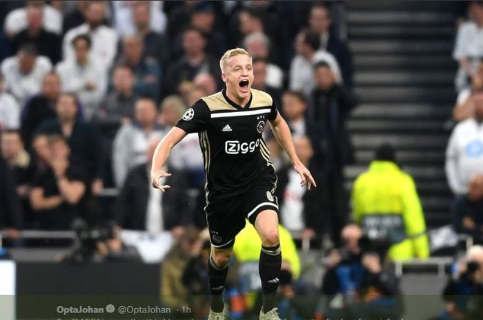 Gelandang Ajax Amsterdam, Donny van de Beek merayakan gol yang dicetaknya ke gawang Tottenham Hotspur dalam partai leg pertama babak semifinal Liga Champions 2018-2019 di Tottenham Hotspur Stadium, 30 April 2019.