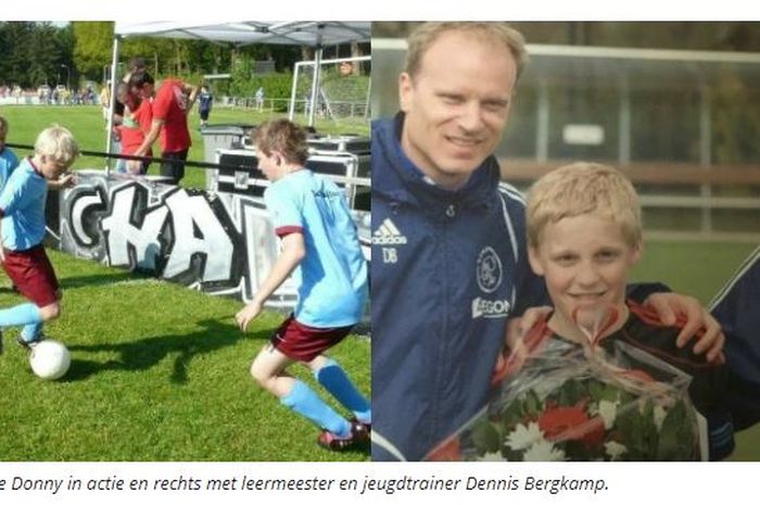 Donny van de Beek saat bertanding untuk tim junior Ajax Amsterdam (kiri) dan berpose bersama Dennis Bergkamp (kanan). 