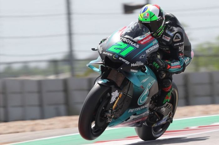 Aksi pembalap Petronas Yamaha SRT, Franco Morbidelli pada MotoGP Americas 2019.