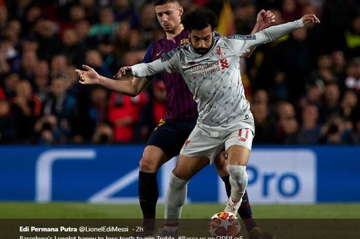 Clement Lenglet menempel ketat Mohamed Salah saat Barcelona menjamu Liverpool di Camp Nou, Rabu (1/5/2019)