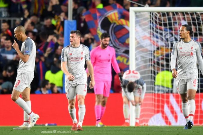 Ekspresi para pemain Liverpool (dari kanan ke kiri), Virgil van Dijk, Alisson, James Milner, dalam laga leg pertama semifinal Liga Champions kontra Barcelona di Stadion Camp Nou, 1 Mei 2019.