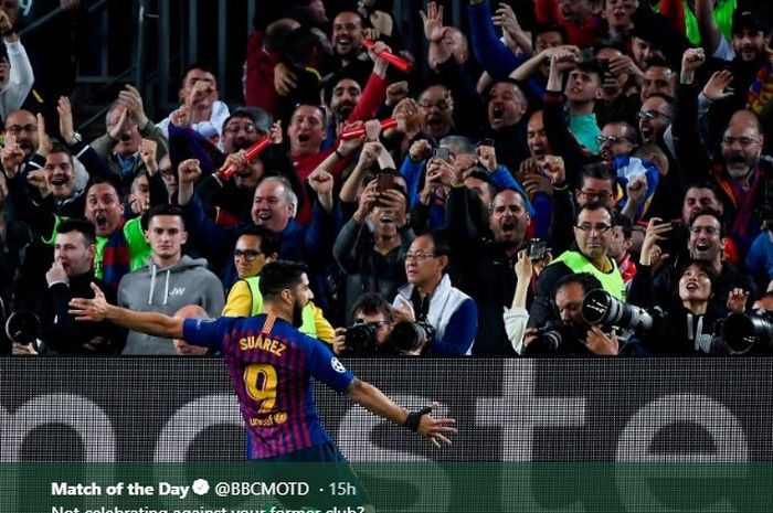 Luis Suarez melakukan selebrasi usai cetak gol ke gawang Liverpool pada leg pertama semifinal Liga Champions di Camp Nou, Rabu (1/5/2019)