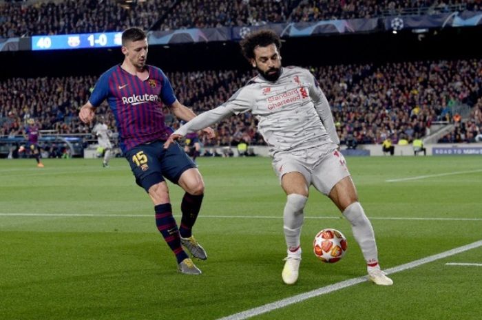Duel antara Mohamed Salah dan Clement Lenglet dalma aga Barcelona versus Liverpool di Camp Nou, Rabu (1/5/2019)