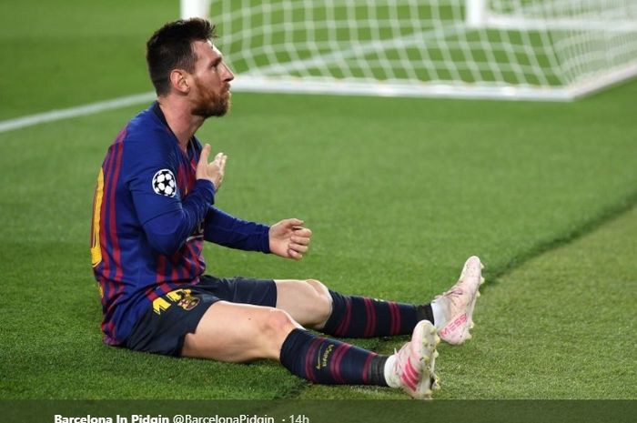 Megabintang Barcelona, Lionel Messi melakukan selebrasi setelah mencetak gol ke gawang Liverpool pada leg pertama semifinal Liga Champions di Camp Nou
