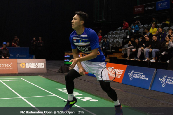 Pebulu tangkis tunggal putra Indonesia, Jonatan Christie, saat bertanding di babak kesatu New Zealand Open 2019, di Eventfinda Stadium, Auckland, Selandia Baru, Selasa (1/5/2019).