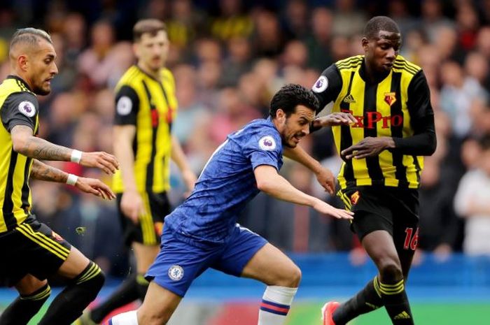 Penyerang Chelsea, Pedro, dalam laga melawan Watford di Stadion Stamford Bridge, Minggu (5/5/2019)