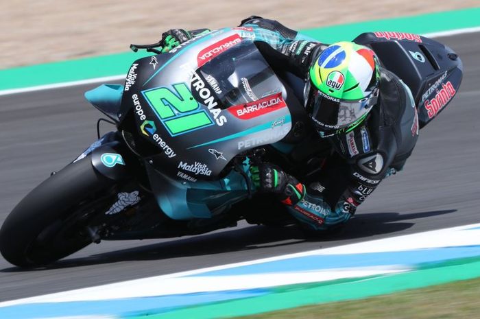 Pembalap tim Petronas Yamaha SRT, Franco Morbidelli saat menjalani sesi kualifikasi MotoGP Americas 2019, Sabtu (4/5/2019)