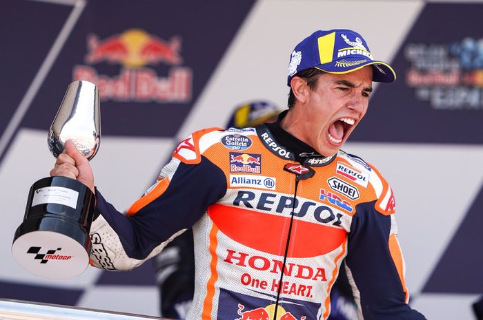 Momen perayaan kemenangan Marc Marquez pada balapan Motogp Spanyol 2019.