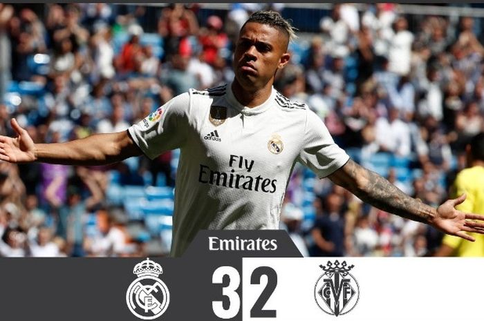 Striker Real Madrid, Mariano Diaz, melakukan selebrasi seusai cetak gol ke gawang Villarreal dalam partai Liga Spanyol, Minggu (5/5/2019)