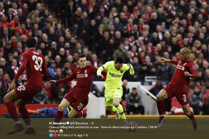 Aksi megabintang Barcelona, Lionel Messi, saat melawan Liverpool dalam leg kedua semifinal Liga Champions, Selasa (7/2/2019)