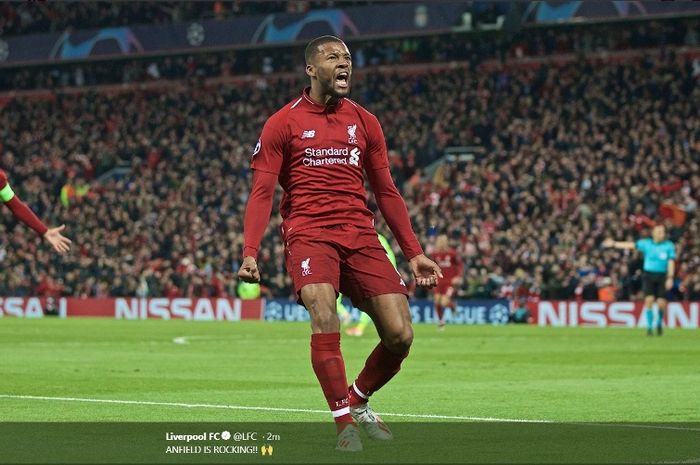 Pemain Liverpool, Georginio Wijnaldum, berselebrasi seusai menjebol gawnag Barcelona dalam leg kedua semifinal Liga Champions, Selasa (7/5/2019)