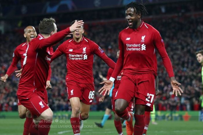 Para pemain Liverpool merayakan gol Divock Origi dalam leg kedua semifinal Liga Champions kontra Barcelona di Stadion Anfield, 7 Mei 2019.